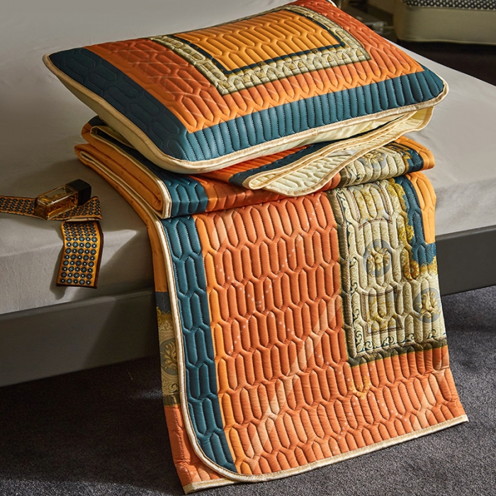 91家纺网 家纺一手货源 找家纺 凡客 2022春夏新款大版数码印花凉感丝乳胶凉席三件套 半醉