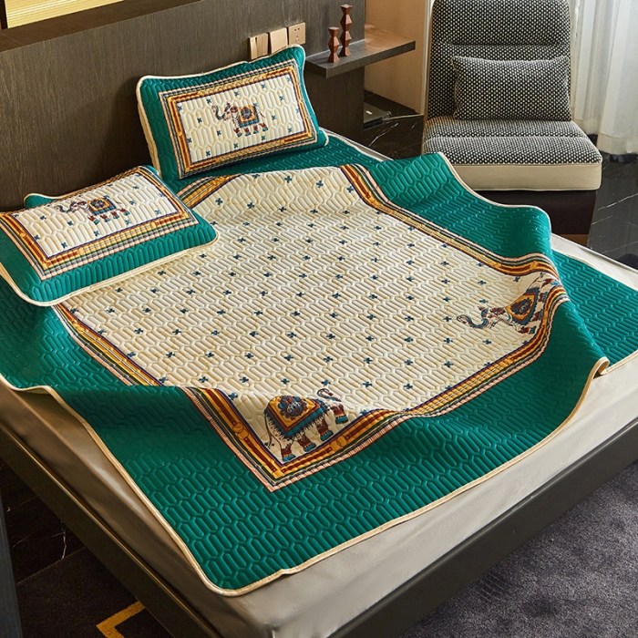 91家纺网 家纺一手货源 找家纺 凡客 2022春夏新款大版数码印花凉感丝乳胶凉席三件套 北音