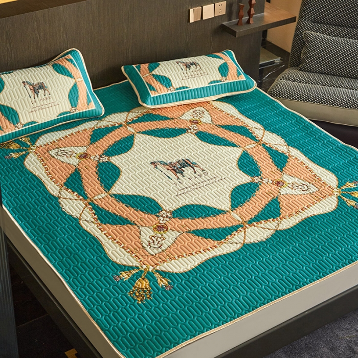 91家纺网 家纺一手货源 找家纺 凡客 2022春夏新款大版数码印花凉感丝乳胶凉席三件套 黛烟