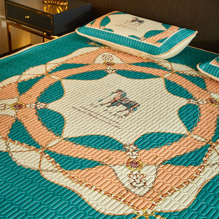 91家纺网 家纺一手货源 找家纺 凡客 2022春夏新款大版数码印花凉感丝乳胶凉席三件套 黛烟