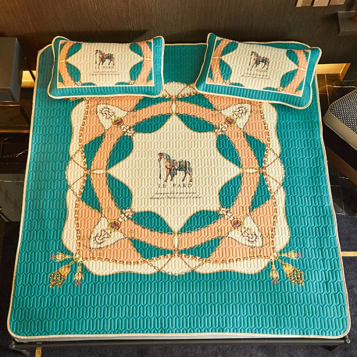 91家纺网 家纺一手货源 找家纺 凡客 2022春夏新款大版数码印花凉感丝乳胶凉席三件套 黛烟