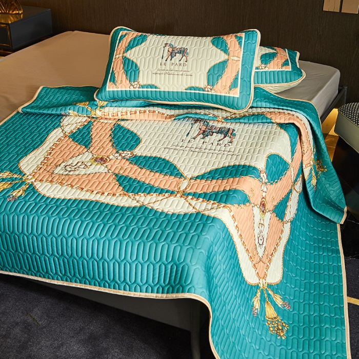 91家纺网 家纺一手货源 找家纺 凡客 2022春夏新款大版数码印花凉感丝乳胶凉席三件套 黛烟