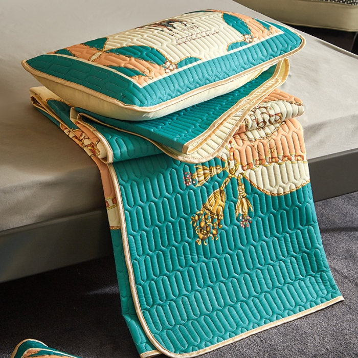 91家纺网 家纺一手货源 找家纺 凡客 2022春夏新款大版数码印花凉感丝乳胶凉席三件套 黛烟