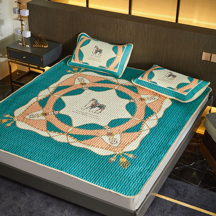 91家纺网 家纺一手货源 找家纺 凡客 2022春夏新款大版数码印花凉感丝乳胶凉席三件套 黛烟