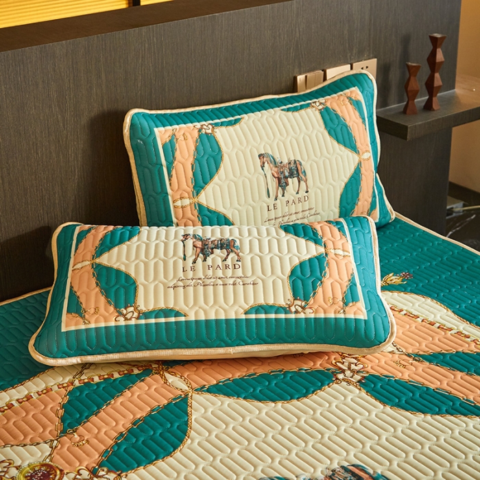 91家纺网 家纺一手货源 找家纺 凡客 2022春夏新款大版数码印花凉感丝乳胶凉席三件套 黛烟