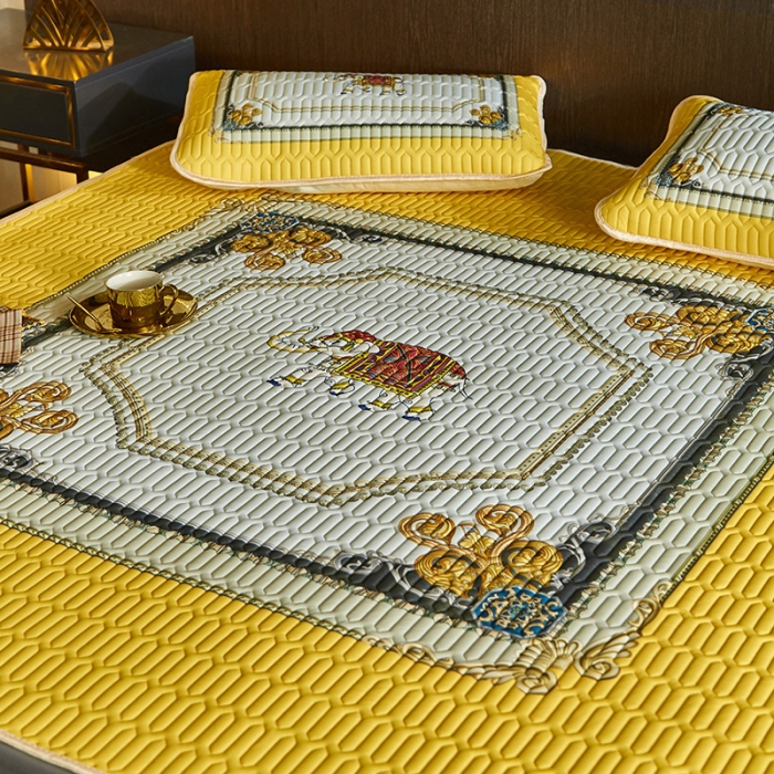 91家纺网 家纺一手货源 找家纺 凡客 2022春夏新款大版数码印花凉感丝乳胶凉席三件套 皇城