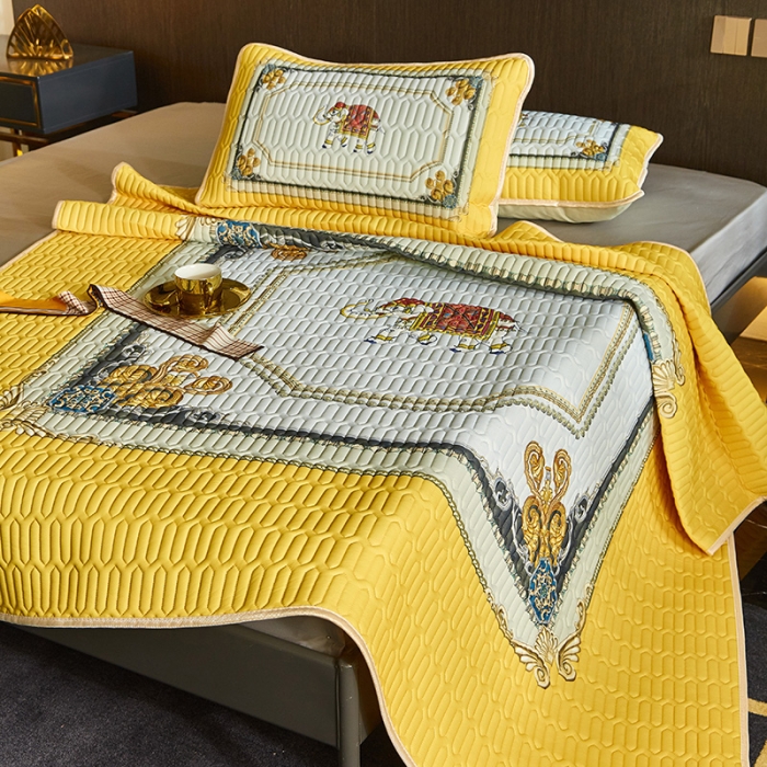 91家纺网 家纺一手货源 找家纺 凡客 2022春夏新款大版数码印花凉感丝乳胶凉席三件套 皇城