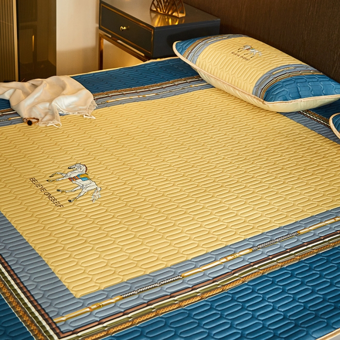 91家纺网 家纺一手货源 找家纺 凡客 2022春夏新款大版数码印花凉感丝乳胶凉席三件套 蓝梦