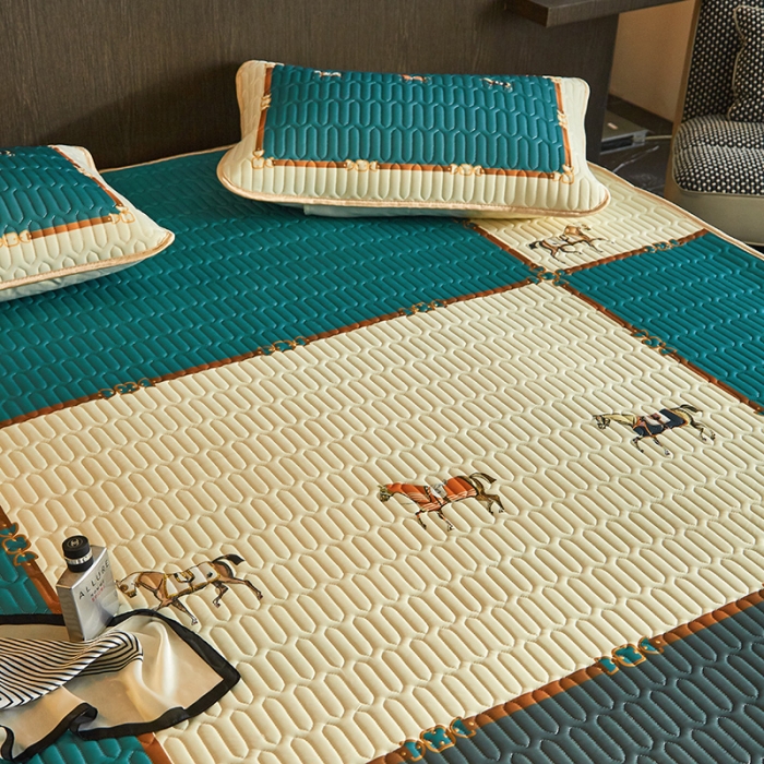 91家纺网 家纺一手货源 找家纺 凡客 2022春夏新款大版数码印花凉感丝乳胶凉席三件套 琉璃