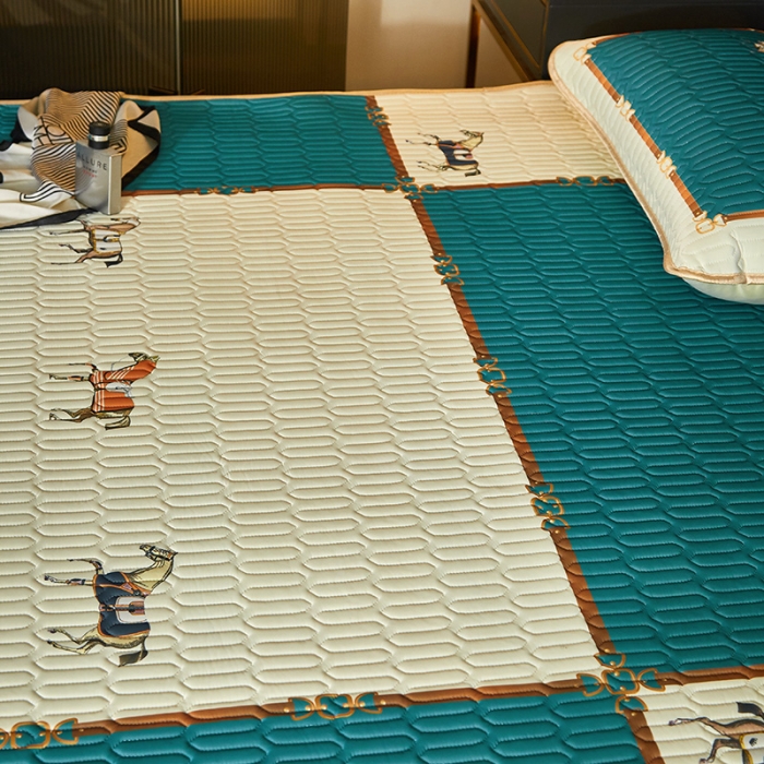 91家纺网 家纺一手货源 找家纺 凡客 2022春夏新款大版数码印花凉感丝乳胶凉席三件套 琉璃