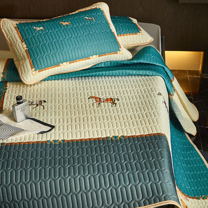 91家纺网 家纺一手货源 找家纺 凡客 2022春夏新款大版数码印花凉感丝乳胶凉席三件套 琉璃