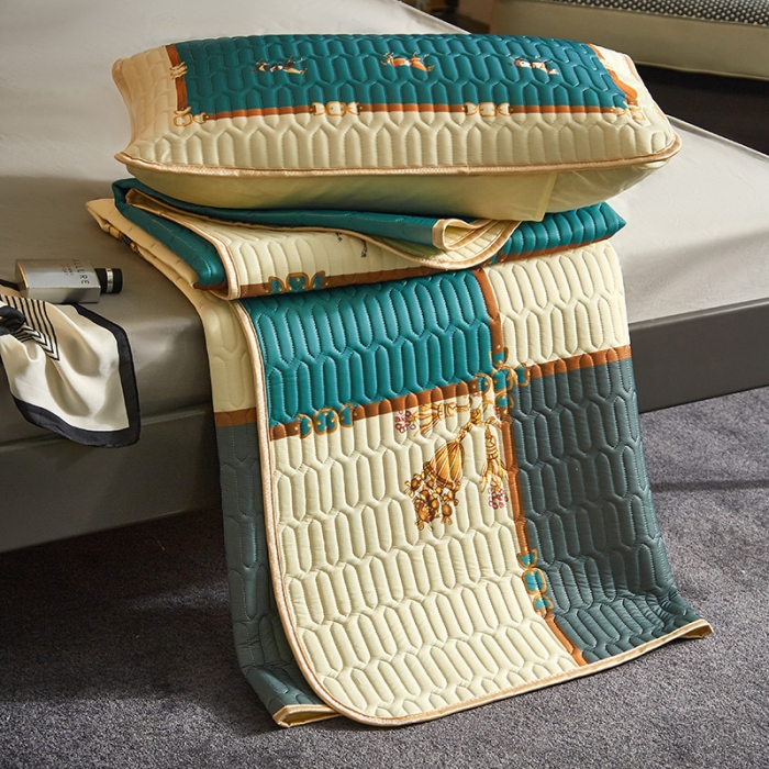 91家纺网 家纺一手货源 找家纺 凡客 2022春夏新款大版数码印花凉感丝乳胶凉席三件套 琉璃