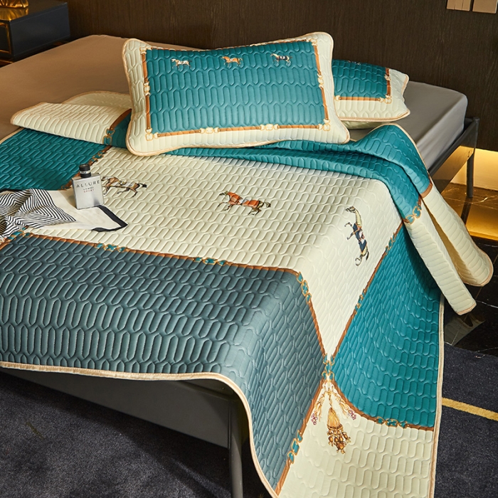 91家纺网 家纺一手货源 找家纺 凡客 2022春夏新款大版数码印花凉感丝乳胶凉席三件套 琉璃