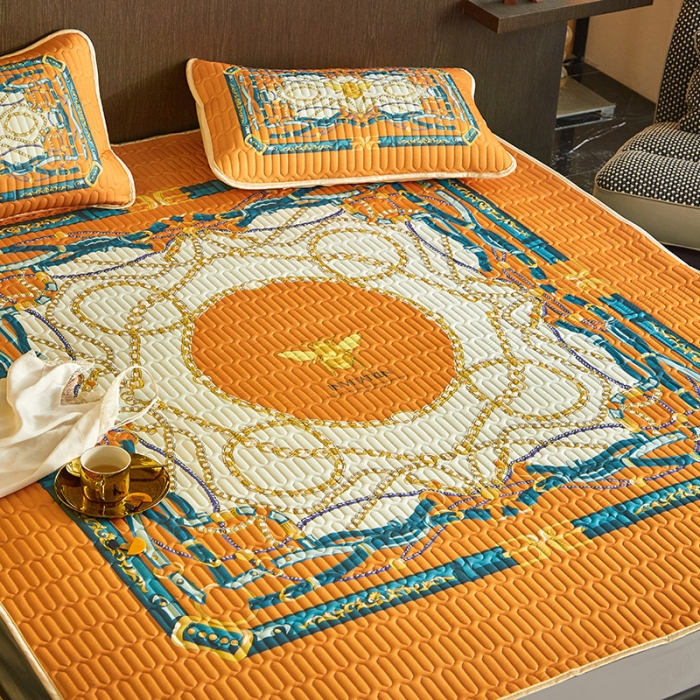 91家纺网 家纺一手货源 找家纺 凡客 2022春夏新款大版数码印花凉感丝乳胶凉席三件套 倾城