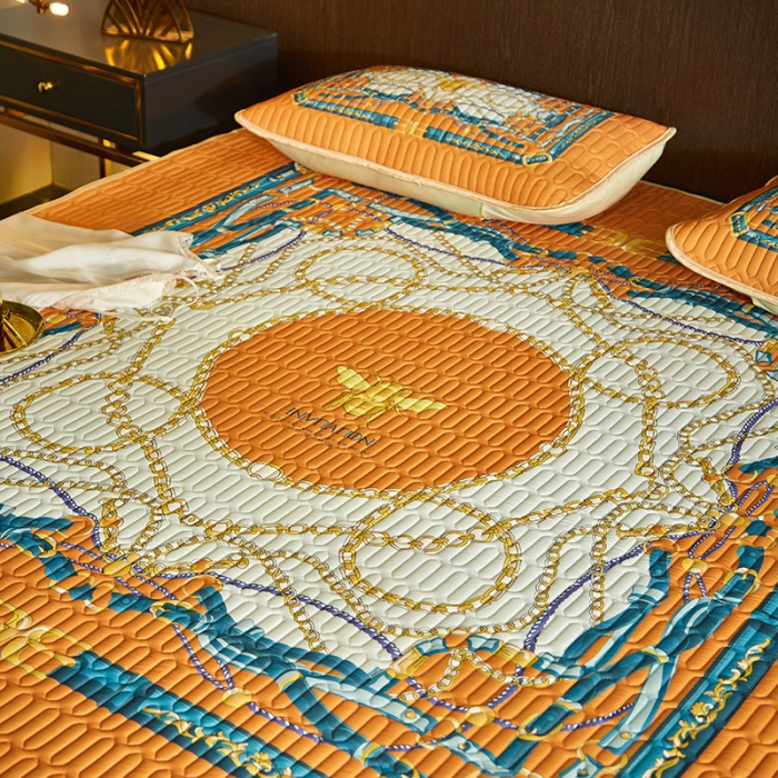 91家纺网 家纺一手货源 找家纺 凡客 2022春夏新款大版数码印花凉感丝乳胶凉席三件套 倾城