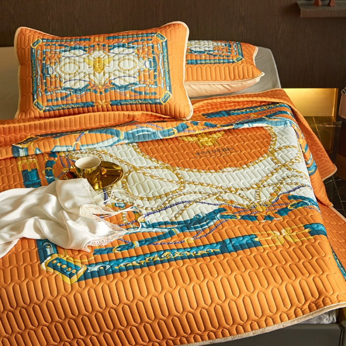 91家纺网 家纺一手货源 找家纺 凡客 2022春夏新款大版数码印花凉感丝乳胶凉席三件套 倾城