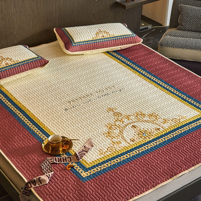 91家纺网 家纺一手货源 找家纺 凡客 2022春夏新款大版数码印花凉感丝乳胶凉席三件套 桑榆