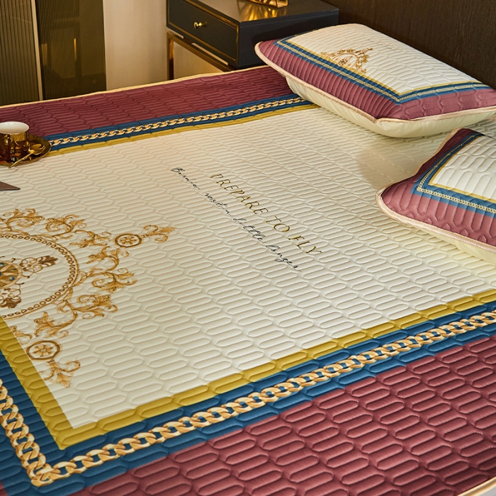 91家纺网 家纺一手货源 找家纺 凡客 2022春夏新款大版数码印花凉感丝乳胶凉席三件套 桑榆