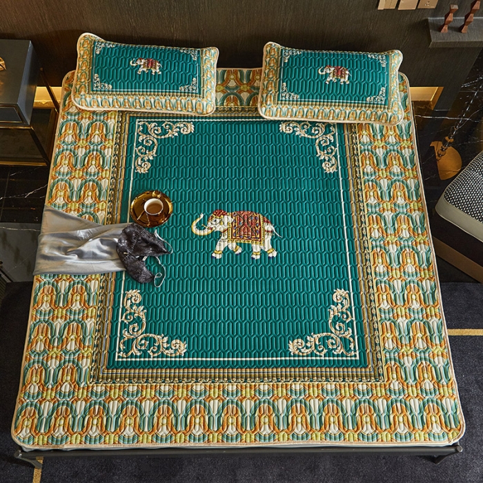 91家纺网 家纺一手货源 找家纺 凡客 2022春夏新款大版数码印花凉感丝乳胶凉席三件套 韶华