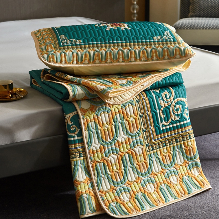 91家纺网 家纺一手货源 找家纺 凡客 2022春夏新款大版数码印花凉感丝乳胶凉席三件套 韶华