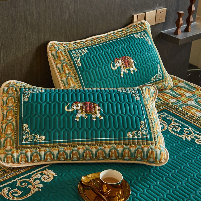 91家纺网 家纺一手货源 找家纺 凡客 2022春夏新款大版数码印花凉感丝乳胶凉席三件套 韶华