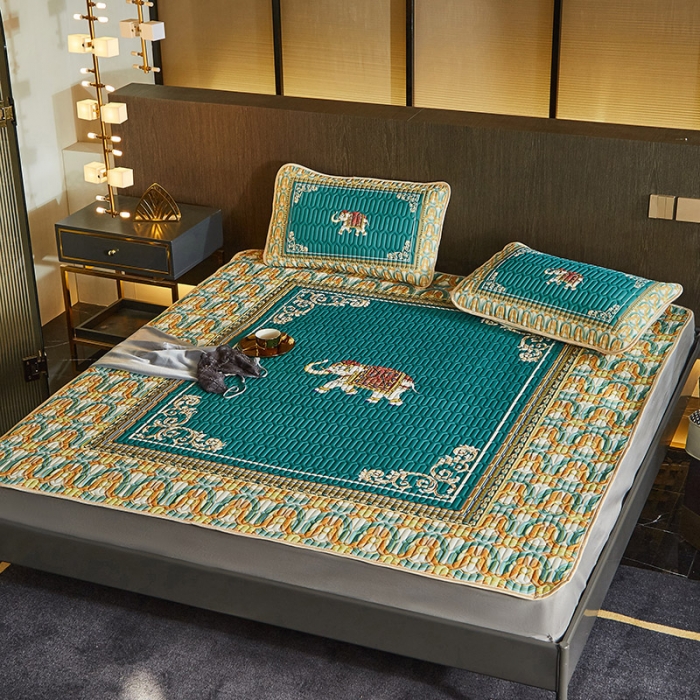 91家纺网 家纺一手货源 找家纺 凡客 2022春夏新款大版数码印花凉感丝乳胶凉席三件套 韶华