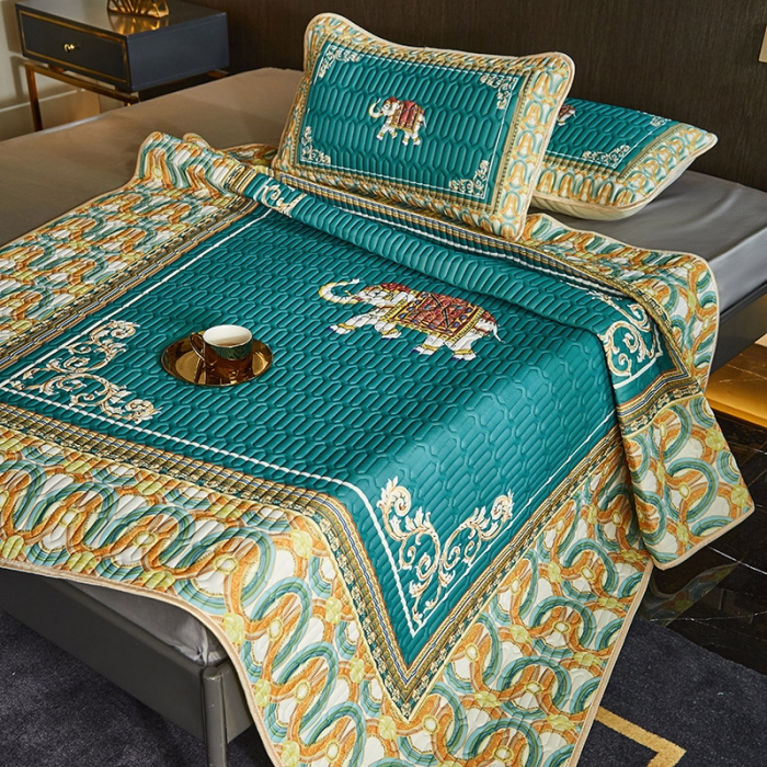 91家纺网 家纺一手货源 找家纺 凡客 2022春夏新款大版数码印花凉感丝乳胶凉席三件套 韶华