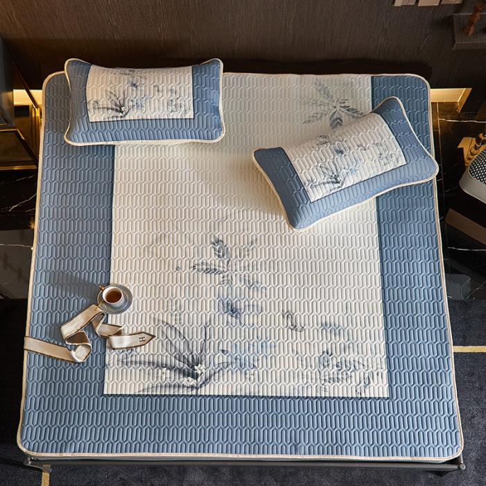 91家纺网 家纺一手货源 找家纺 凡客 2022春夏新款大版数码印花凉感丝乳胶凉席三件套 水墨