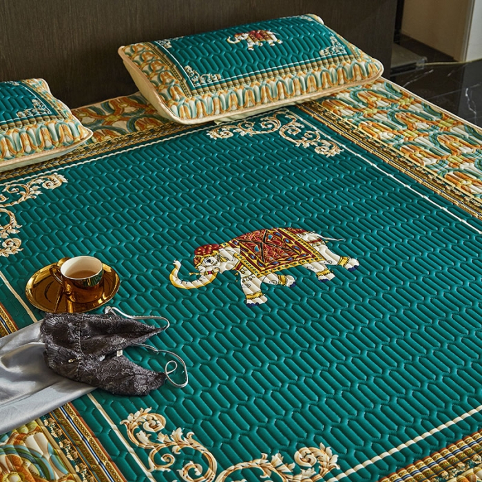 91家纺网 家纺一手货源 找家纺 凡客 2022春夏新款大版数码印花凉感丝乳胶凉席三件套 韶华