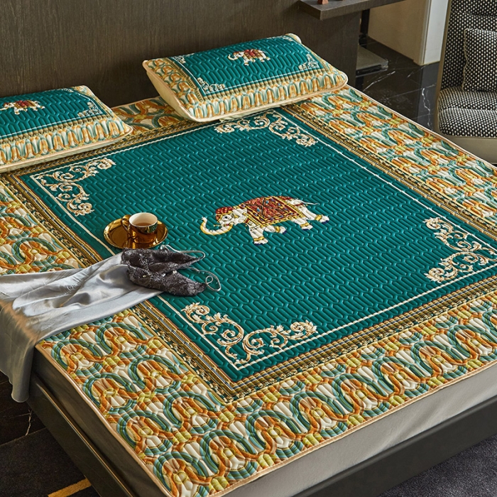 91家纺网 家纺一手货源 找家纺 凡客 2022春夏新款大版数码印花凉感丝乳胶凉席三件套 韶华