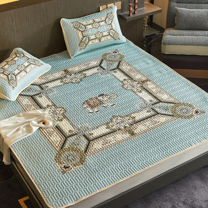 91家纺网 家纺一手货源 找家纺 凡客 2022春夏新款大版数码印花凉感丝乳胶凉席三件套 微凉