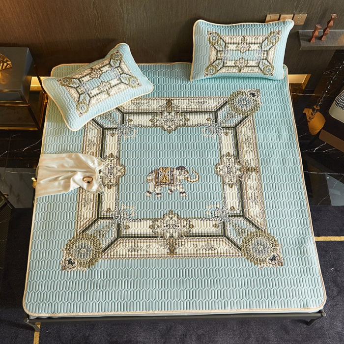 91家纺网 家纺一手货源 找家纺 凡客 2022春夏新款大版数码印花凉感丝乳胶凉席三件套 微凉