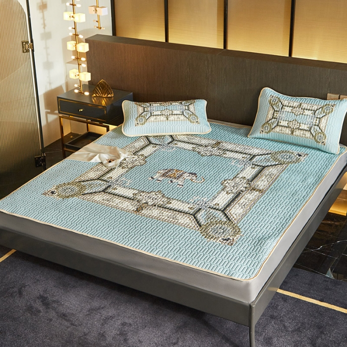 91家纺网 家纺一手货源 找家纺 凡客 2022春夏新款大版数码印花凉感丝乳胶凉席三件套 微凉