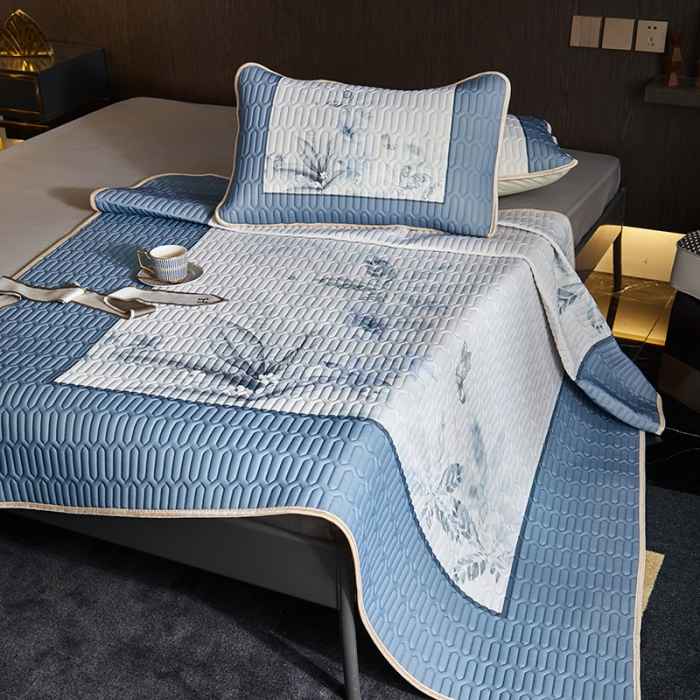 91家纺网 家纺一手货源 找家纺 凡客 2022春夏新款大版数码印花凉感丝乳胶凉席三件套 水墨