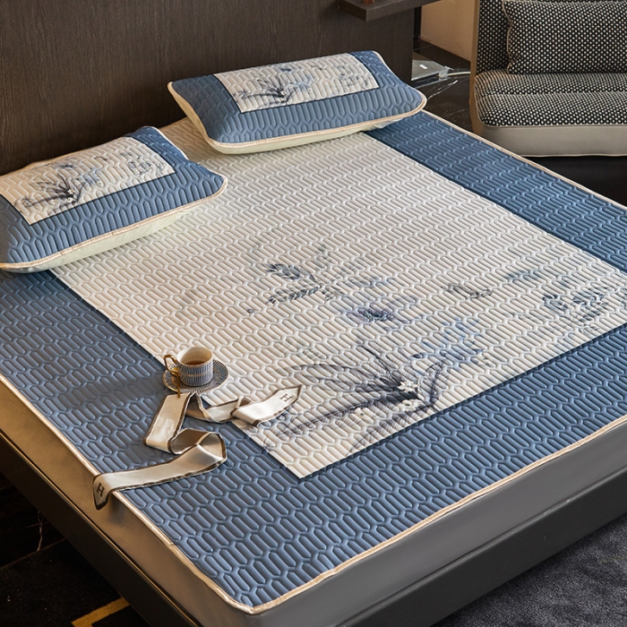 91家纺网 家纺一手货源 找家纺 凡客 2022春夏新款大版数码印花凉感丝乳胶凉席三件套 水墨