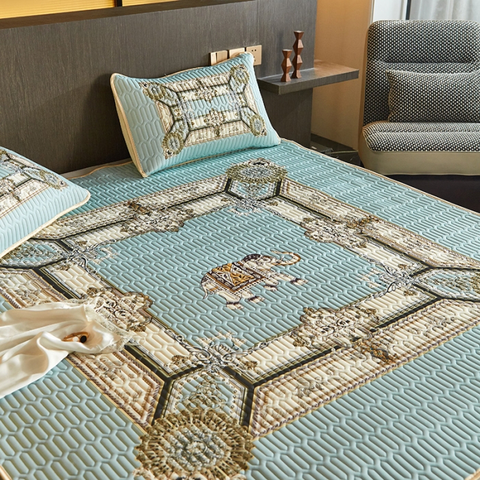 91家纺网 家纺一手货源 找家纺 凡客 2022春夏新款大版数码印花凉感丝乳胶凉席三件套 微凉