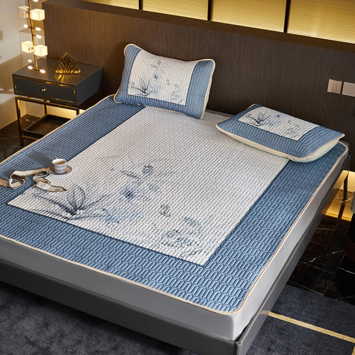 91家纺网 家纺一手货源 找家纺 凡客 2022春夏新款大版数码印花凉感丝乳胶凉席三件套 水墨