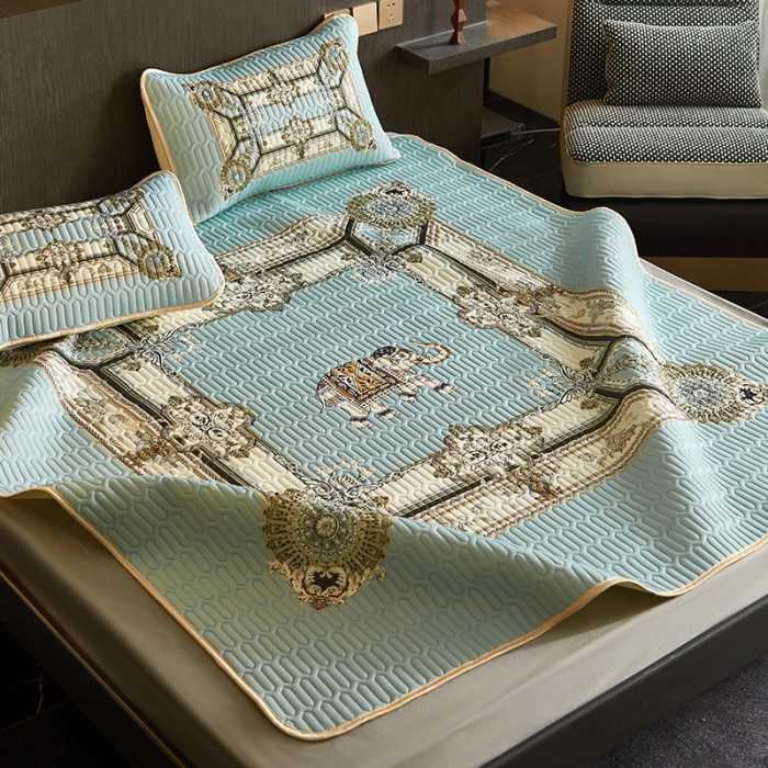 91家纺网 家纺一手货源 找家纺 凡客 2022春夏新款大版数码印花凉感丝乳胶凉席三件套 微凉