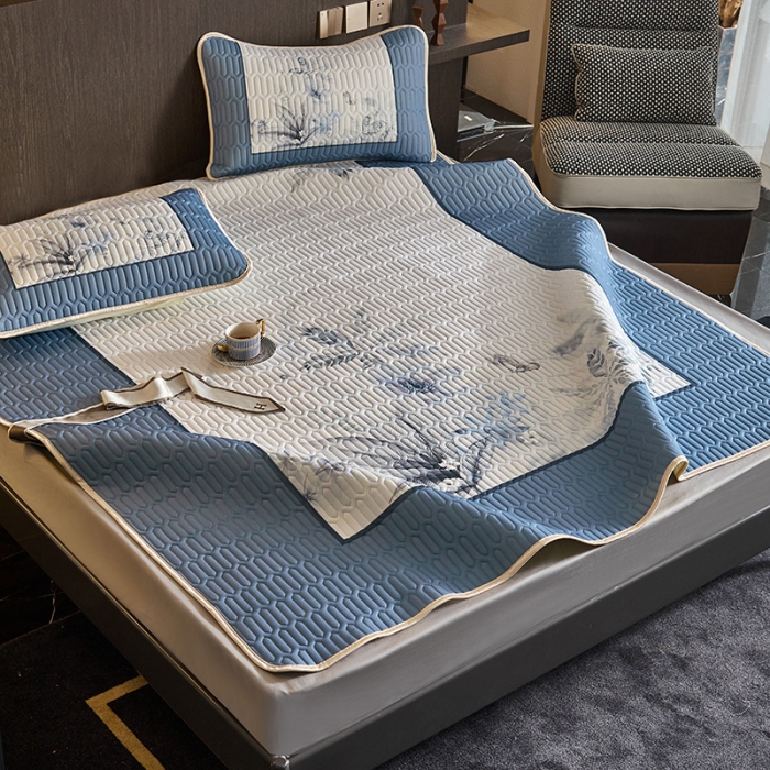 91家纺网 家纺一手货源 找家纺 凡客 2022春夏新款大版数码印花凉感丝乳胶凉席三件套 水墨