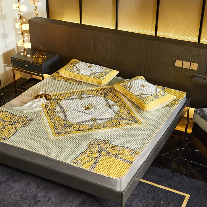 91家纺网 家纺一手货源 找家纺 凡客 2022春夏新款大版数码印花凉感丝乳胶凉席三件套 玄夜