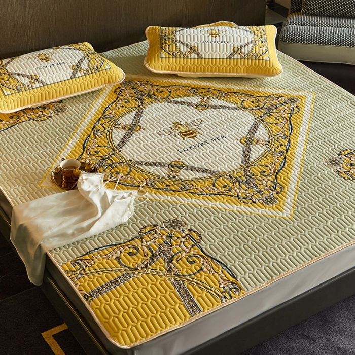 91家纺网 家纺一手货源 找家纺 凡客 2022春夏新款大版数码印花凉感丝乳胶凉席三件套 玄夜