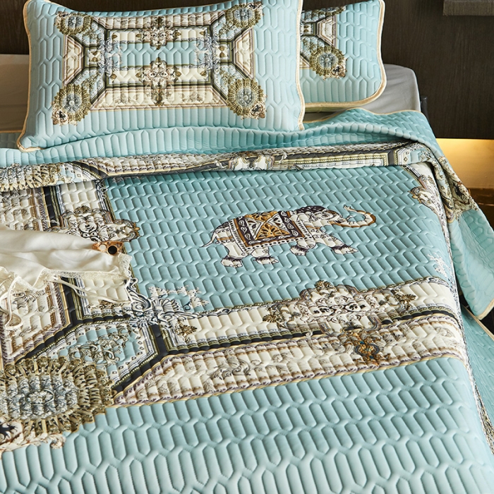 91家纺网 家纺一手货源 找家纺 凡客 2022春夏新款大版数码印花凉感丝乳胶凉席三件套 微凉