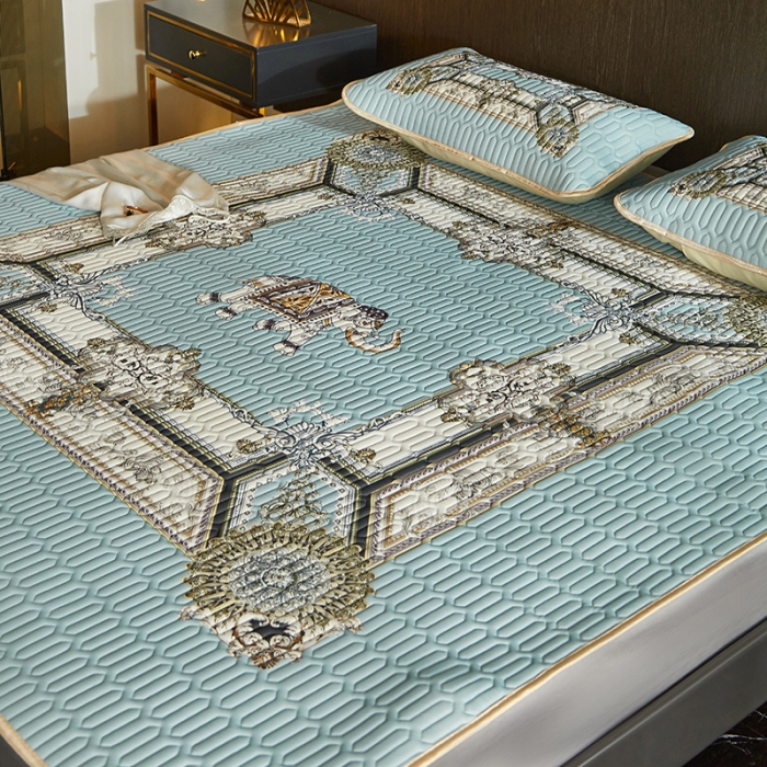 91家纺网 家纺一手货源 找家纺 凡客 2022春夏新款大版数码印花凉感丝乳胶凉席三件套 微凉