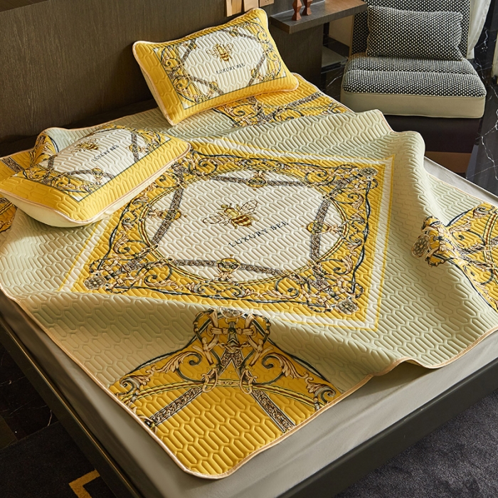 91家纺网 家纺一手货源 找家纺 凡客 2022春夏新款大版数码印花凉感丝乳胶凉席三件套 玄夜