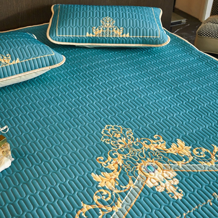 91家纺网 家纺一手货源 找家纺 凡客 2022春夏新款大版数码印花凉感丝乳胶凉席三件套 珠玉