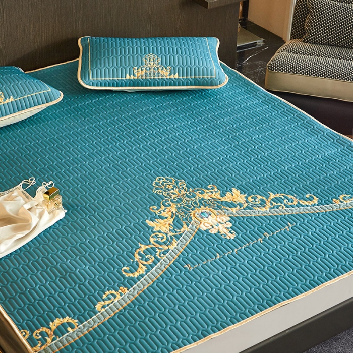 91家纺网 家纺一手货源 找家纺 凡客 2022春夏新款大版数码印花凉感丝乳胶凉席三件套 珠玉