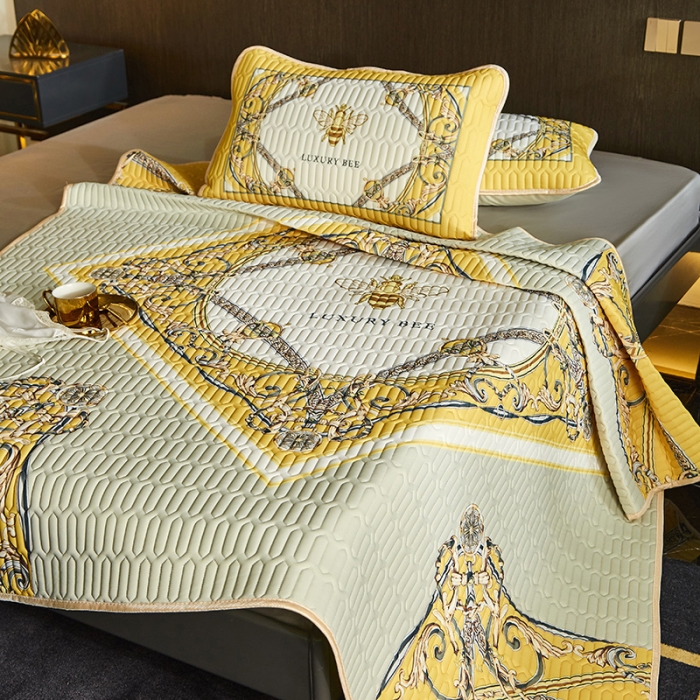 91家纺网 家纺一手货源 找家纺 凡客 2022春夏新款大版数码印花凉感丝乳胶凉席三件套 玄夜