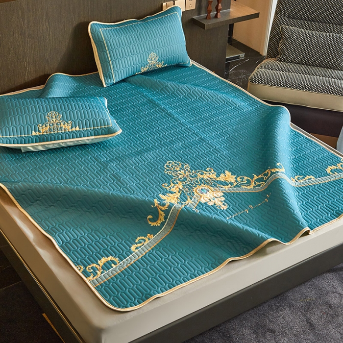 91家纺网 家纺一手货源 找家纺 凡客 2022春夏新款大版数码印花凉感丝乳胶凉席三件套 珠玉