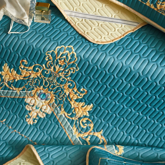 91家纺网 家纺一手货源 找家纺 凡客 2022春夏新款大版数码印花凉感丝乳胶凉席三件套 珠玉