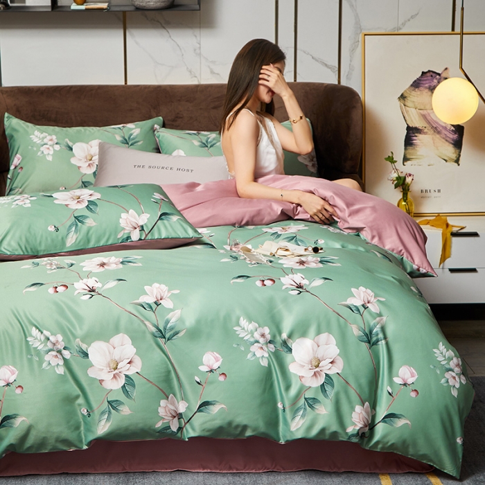 91家纺网 家纺一手货源 找家纺 凡客 2021春夏新款60支水洗真丝数码印花四件套轻奢风系列 晨露新装绿